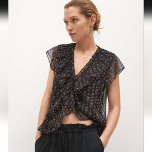 MANGO Black & Yellow Floral Ruffled Mock WrapTop. Size XS NWT